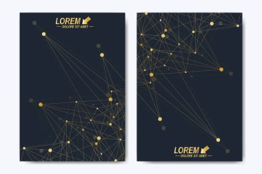 Vektör şablonu için broşür, broşür, el ilanı, ilan, kapak, katalog, dergi veya yıllık raporu. Geometrik arka plan molekül ve iletişim. Altın sibernetik noktalar. Satırları pleksus. Kart yüzeyi.