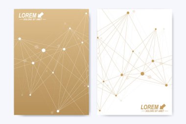 Vektör şablonu için broşür, broşür, el ilanı, ilan, kapak, katalog, dergi veya yıllık raporu. Geometrik arka plan molekül ve iletişim. Altın sibernetik noktalar. Satırları pleksus. Kart yüzeyi.