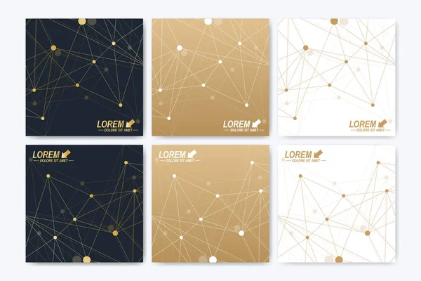 Vector template for square brochure, Leaflet, flyer, cover, booklet, magazine or annual report. Geometric background molecule and communication. Golden cybernetic dots. Lines plexus. Card surface. — Stock Vector