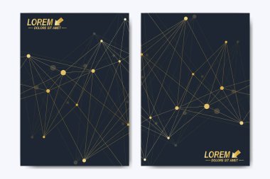 Modern vektör şablonu için broşür, broşür, el ilanı, ilan, kapak, katalog, dergi veya yıllık raporu. A4 boyutunda. İş, bilim, tıbbi tasarım. Altın sibernetik noktalar. Satırları pleksus. Kart yüzeyi.