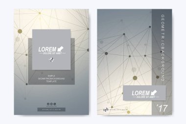 Broşür, broşür, broşür, ilan, kapak, katalog, dergi veya yıllık rapor için modern vektör şablonu. İş, bilim, tıbbi tasarım. Bilimsel sibernetik noktalar. Pleksus hattı. Kart yüzeyi