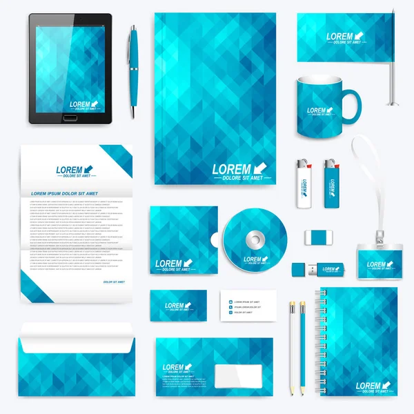 Blauwe reeks vector huisstijl sjabloon. Moderne briefpapier mock-up. Achtergrond met blauwe driehoekjes. Ontwerp van Business, technologie, wetenschap en geneeskunde. Huisstijl ontwerp. — Stockvector