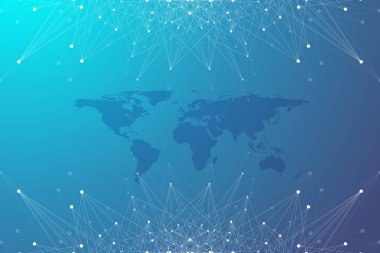 Küresel teknoloji ağı kavramına sahip Politik Dünya Haritası. Dijital veri görselleştirme. Pleksus hattı. Büyük Data arkaplan iletişimi. Bilimsel vektör çizimi.