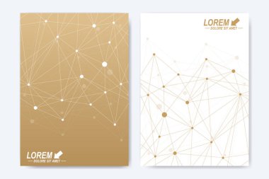 Vektör şablonu için broşür, broşür, el ilanı, ilan, kapak, katalog, dergi veya yıllık raporu. Geometrik arka plan molekül ve iletişim. Altın sibernetik noktalar. Satırları pleksus. Kart yüzeyi.