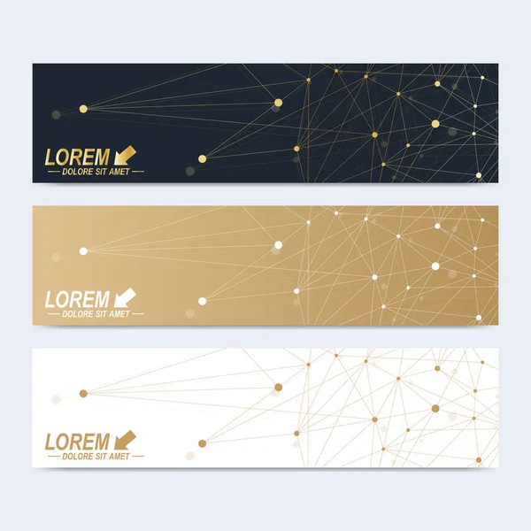 Bannières scientifiques de taille standard. Présentation géométrique abstraite. Médecine, science, technologie, chimie molécule de fond et communication. Des points cybernétiques. Plexus de lignes. Surface de la carte . — Image vectorielle