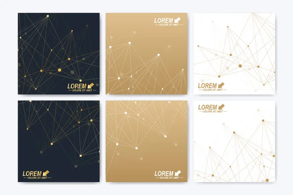 Modern vector template for square brochure, Leaflet, flyer, cover, booklet, magazine or annual report. Abstract golden presentation book layout. Golden cybernetic dots. Lines plexus. Card surface. — Stock Vector