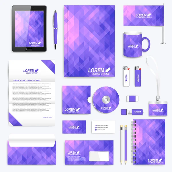 Violet set vector huisstijl sjabloon. Moderne briefpapier mock-up. Achtergrond met violet driehoeken. Ontwerp van Business, technologie, wetenschap en geneeskunde. Huisstijl ontwerp. — Stockvector