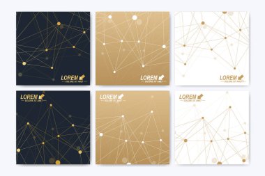 Modern vektör şablonu için kare broşür, broşür, el ilanı, kapak, kitapçık, dergi veya yıllık raporu. Soyut altın sunum kitap düzeni. Altın sibernetik noktalar. Satırları pleksus. Kart yüzeyi.