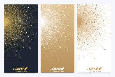 Modern set of vector flyers. Geometric abstract presentation. Molecule and communication background for medicine, science, technology, chemistry. Golden cybernetic dots. Lines plexus. Card surface. clipart