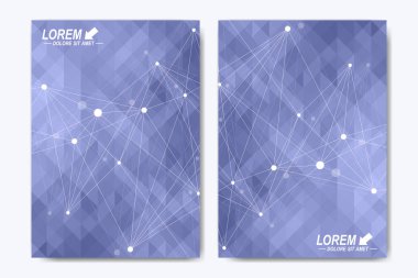 Broşür, broşür, broşür, ilan, kapak, katalog, dergi veya yıllık rapor için modern vektör şablonu. İş, bilim, tıbbi tasarım. Bilimsel sibernetik noktalar. Pleksus hattı. Kart yüzeyi