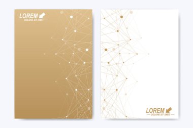 Vektör şablonu için broşür, broşür, el ilanı, ilan, kapak, katalog, dergi veya yıllık raporu. Geometrik arka plan molekül ve iletişim. Altın sibernetik noktalar. Satırları pleksus. Kart yüzeyi.