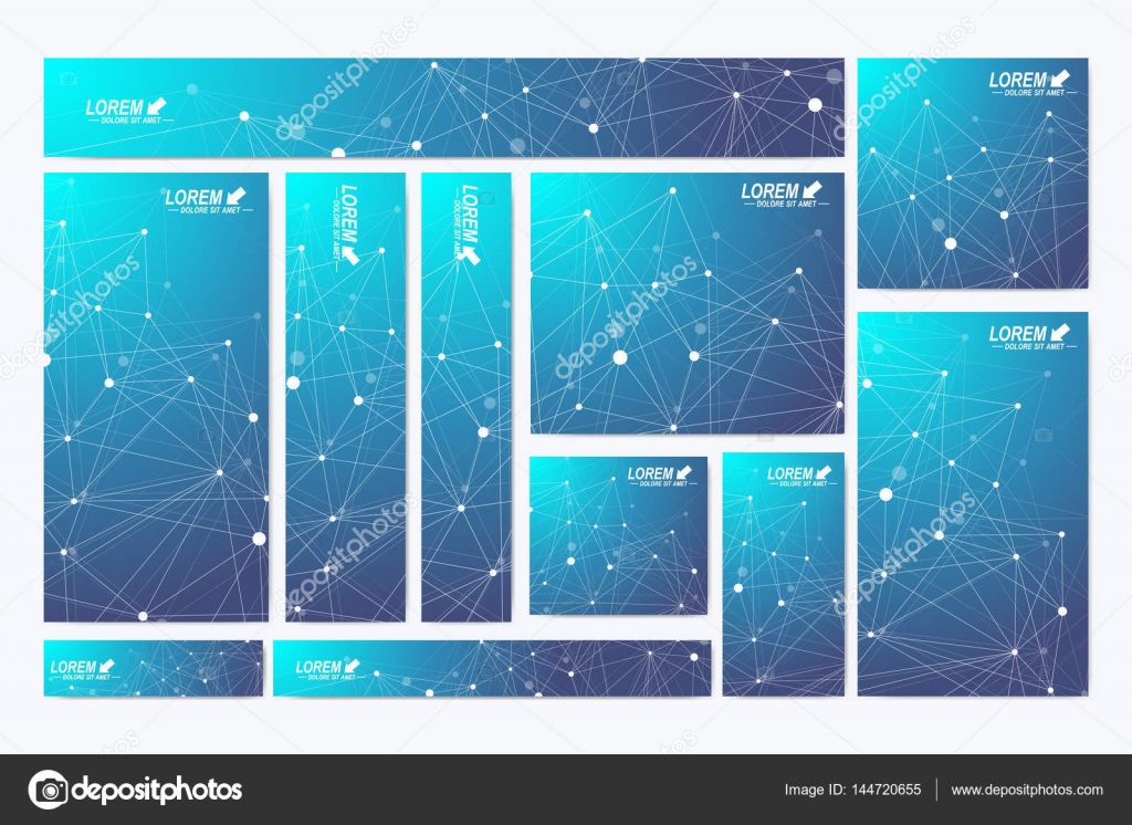 科学的な標準サイズのバナーです 幾何学的な抽象的なプレゼンテーション 医療 科学 技術 化学背景分子とコミュニケーション サイバネティック ドット 線叢 カードの表面 ストックベクター C Berya113