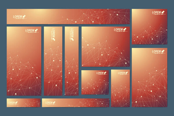 Scientific standard size banners. Geometric abstract presentation. Medical, science, technology, chemistry background molecule and communication. Cybernetic dots. Lines plexus. Card surface.