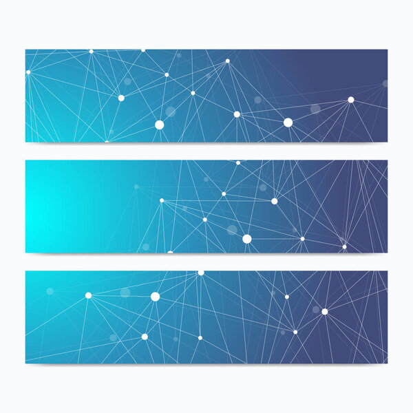 Scientific standard size banners. Geometric abstract presentation. Medical, science, technology, chemistry background molecule and communication. Cybernetic dots. Lines plexus. Card surface.