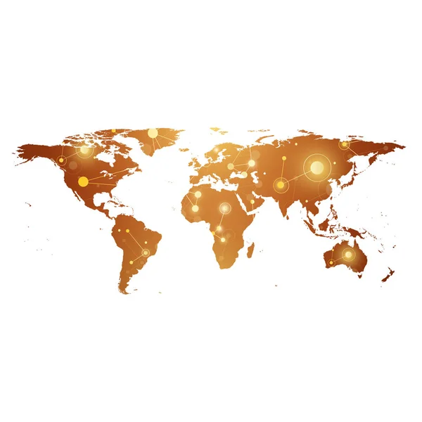 Mappa del mondo politico d'oro con concetto di rete tecnologica globale. Visualizzazione dei dati digitali. Composti cibernetici scientifici delle particelle. Comunicazione di sfondo Big Data. Illustrazione vettoriale . — Vettoriale Stock
