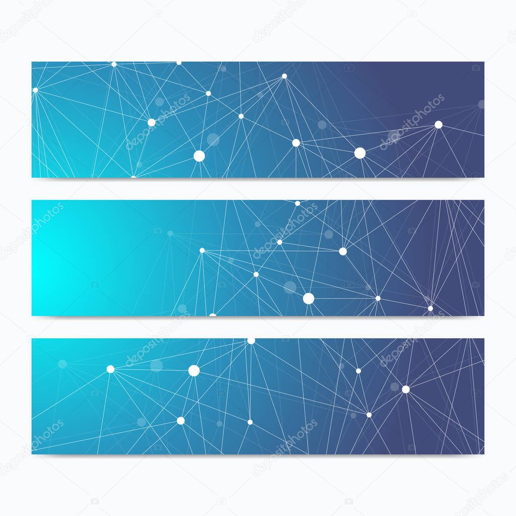 Scientific standard size banners. Geometric abstract presentation. Medical, science, technology, chemistry background molecule and communication. Cybernetic dots. Lines plexus. Card surface.