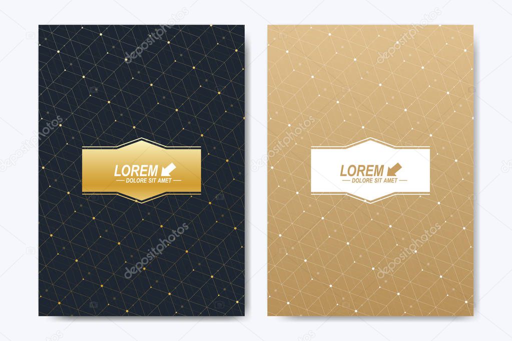 Modern vector template for brochure, Leaflet, flyer, cover, booklet, magazine or annual report. A4 size. Abstract golden presentation book layout. Geometric pattern with connected lines and dots.