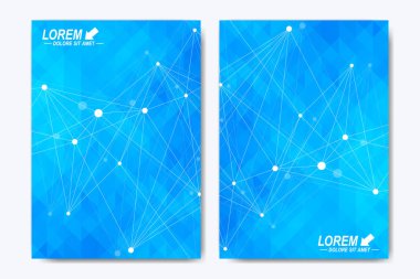 Modern vektör şablonu için broşür, broşür, el ilanı, ilan, kapak, katalog, dergi veya yıllık raporu. Geometrik arka plan iletişim. Bilimsel parçacık bileşikler. Satırları pleksus. Kart yüzeyi.