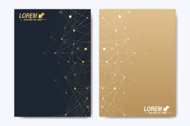Vektör şablonu için broşür, broşür, el ilanı, ilan, kapak, katalog, dergi veya yıllık raporu. Geometrik arka plan molekül ve iletişim. Altın sibernetik noktalar. Satırları pleksus. Kart yüzeyi.
