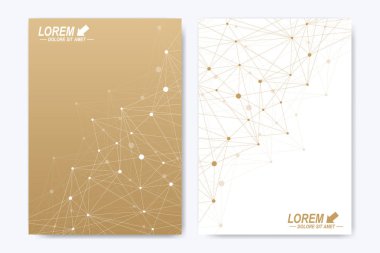 Vektör şablonu için broşür, broşür, el ilanı, ilan, kapak, katalog, dergi veya yıllık raporu. Geometrik arka plan molekül ve iletişim. Altın sibernetik noktalar. Satırları pleksus. Kart yüzeyi.