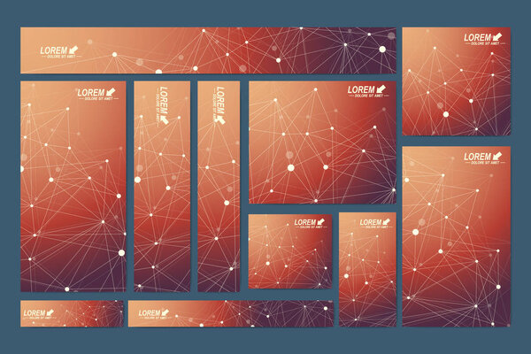 Scientific standard size banners. Geometric abstract presentation. Medical, science, technology, chemistry background molecule and communication. Cybernetic dots. Lines plexus. Card surface.