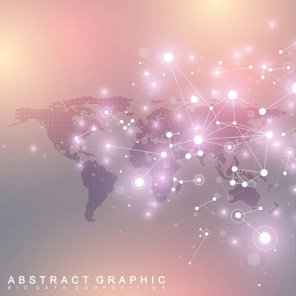 Kropkowane mapa świata z sieci koncepcja globalnych technologii. Wizualizacja danych cyfrowych. Naukowe cybernetyczny cząstek związków. Komunikacja w tle danych duże. Ilustracja wektorowa. — Wektor stockowy