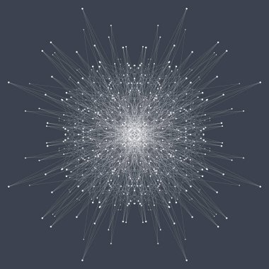 Fraktal öğeyle bağlantılı çizgiler ve noktalar. Büyük veri karmaşık. Parçacık bileşikler. Ağ bağlantısı, satırları pleksus. Minimalist kaotik tasarımı, vektör çizim.