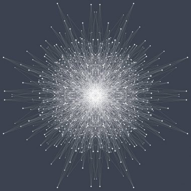 Fraktal öğeyle bağlantılı çizgiler ve noktalar. Büyük veri karmaşık. Parçacık bileşikler. Ağ bağlantısı, satırları pleksus. Minimalist kaotik tasarımı, vektör çizim.