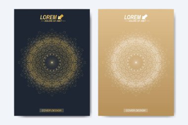 Broşür, broşür, el ilanı, kapak, katalog, dergi veya yıllık raporu A4 boyutunda modern vektör şablonu. İş, bilim ve teknoloji tasarım kitap düzeni. Altın mandala sunuyla.