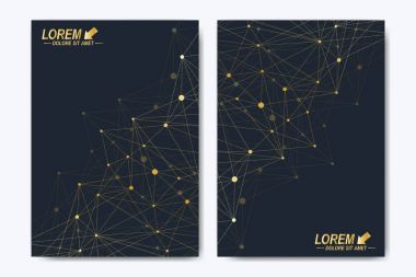 Vektör şablonu için broşür, broşür, el ilanı, ilan, kapak, katalog, dergi veya yıllık raporu. Geometrik arka plan molekül ve iletişim. Altın sibernetik noktalar. Satırları pleksus. Kart yüzeyi.