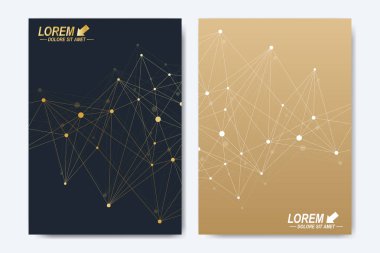 Vektör şablonu için broşür, broşür, el ilanı, ilan, kapak, katalog, dergi veya yıllık raporu. Geometrik arka plan molekül ve iletişim. Altın sibernetik noktalar. Satırları pleksus. Kart yüzeyi.