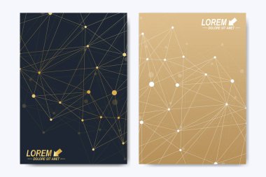 Vektör şablonu için broşür, broşür, el ilanı, ilan, kapak, katalog, dergi veya yıllık raporu. Geometrik arka plan molekül ve iletişim. Altın sibernetik noktalar. Satırları pleksus. Kart yüzeyi.
