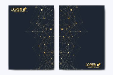 Broşür broşür afiş reklam kapak katalog raporu dergisi veya yıllık modern vektör şablonu. A4 boyutunda. İş, bilim, tıbbi tasarım. Altın sibernetik noktalar. Satırları pleksus. Kart yüzeyi.