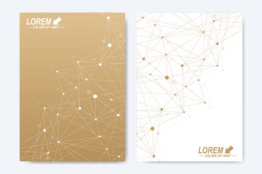 Vektör şablonu için broşür, broşür, el ilanı, ilan, kapak, katalog, dergi veya yıllık raporu. Geometrik arka plan molekül ve iletişim. Altın sibernetik noktalar. Satırları pleksus. Kart yüzeyi.