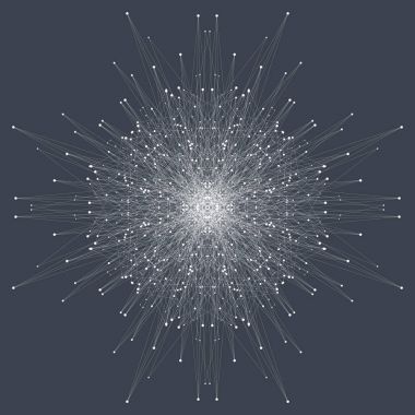 Fraktal öğeyle bağlantılı çizgi ve noktalar. Sanal arka plan iletişim veya parçacık bileşikler. Minimalist tarzı eşmerkezli daire. Dijital veri görselleştirme. Satırları pleksus. Vektör çizim