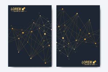 Vektör şablonu için broşür, broşür, el ilanı, ilan, kapak, katalog, dergi veya yıllık raporu. Geometrik arka plan molekül ve iletişim. Altın sibernetik noktalar. Satırları pleksus. Kart yüzeyi.