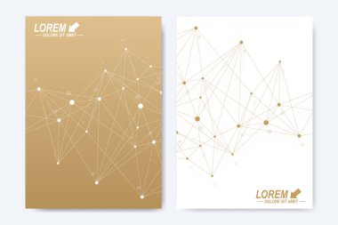 Vektör şablonu için broşür, broşür, el ilanı, ilan, kapak, katalog, dergi veya yıllık raporu. Geometrik arka plan molekül ve iletişim. Altın sibernetik noktalar. Satırları pleksus. Kart yüzeyi.