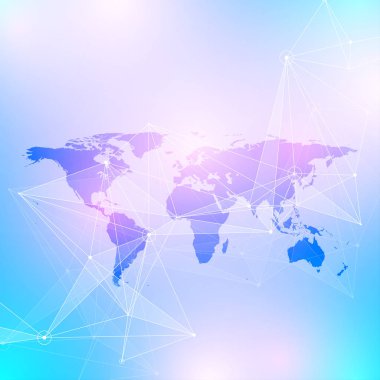 Geometrik grafik arka plan iletişim. Büyük veri siyasi Dünya Haritası ile karmaşık. Parçacık bileşikler. Ağ bağlantısı, satırları pleksus. Minimalist kaotik tasarımı, vektör çizim.