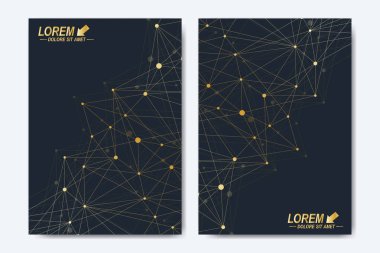 Vektör şablonu için broşür, broşür, el ilanı, ilan, kapak, katalog, dergi veya yıllık raporu. Geometrik arka plan molekül ve iletişim. Altın sibernetik noktalar. Satırları pleksus. Kart yüzeyi.