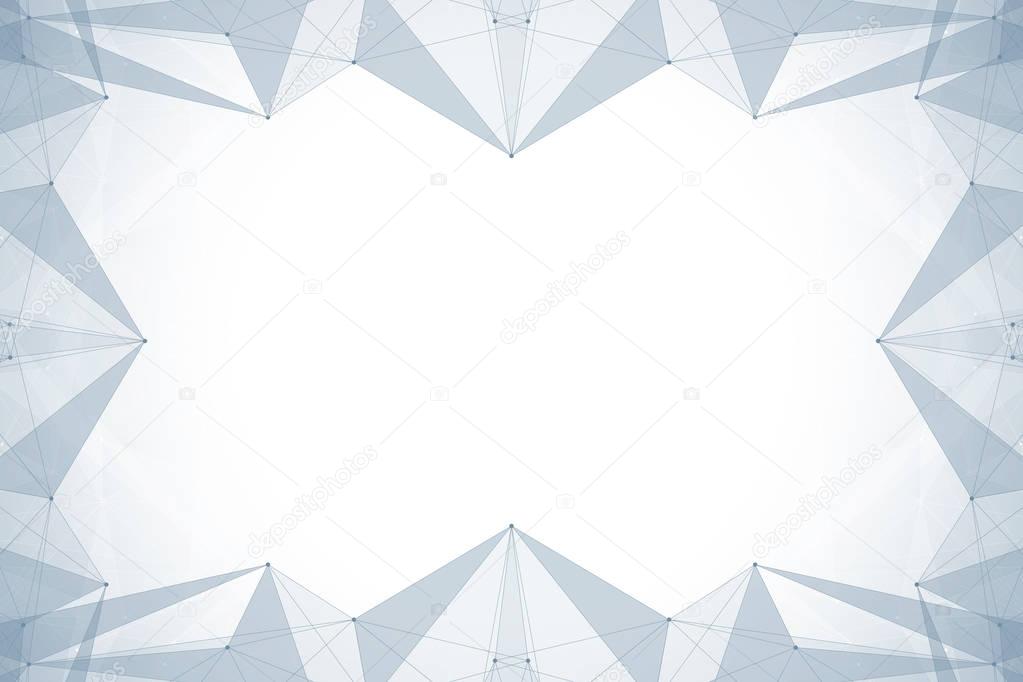 Geometric graphic background molecule and communication. Big data complex with compounds. Perspective backdrop. Minimal array. Digital data visualization. Scientific cybernetic vector illustration.