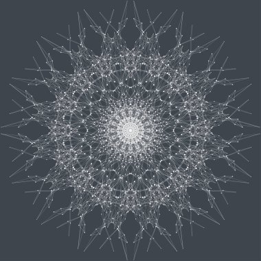 Fraktal öğeyle bağlantılı çizgi ve noktalar. Sanal arka plan iletişim veya parçacık bileşikler. Minimalist tarzı eşmerkezli daire. Dijital veri görselleştirme. Satırları pleksus. Vektör çizim