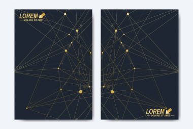 Modern vektör şablonu için broşür, broşür, el ilanı, kapak, kitapçık, dergi veya yıllık raporu. Altın sunum kitap düzeni. Bağlantılı çizgilerin ve noktaların geometrik desen. Satırları pleksus daireler.