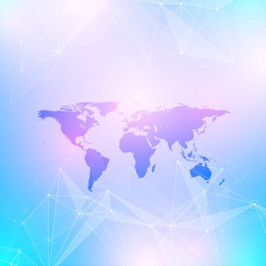 Geometrik grafik arka plan iletişim. Büyük veri siyasi Dünya Haritası ile karmaşık. Parçacık bileşikler. Ağ bağlantısı, satırları pleksus. Minimalist kaotik tasarımı, vektör çizim.