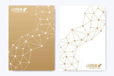 Modern vektör şablonu için broşür, broşür, el ilanı, kapak, kitapçık, dergi veya yıllık raporu. Altın sunum kitap düzeni. Bağlantılı çizgilerin ve noktaların geometrik desen. Satırları pleksus daireler.