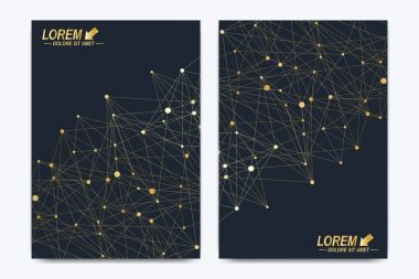 Vektör şablonu için broşür, broşür, el ilanı, ilan, kapak, katalog, afiş, dergi veya yıllık raporu. Geometrik arka plan molekül. Altın sibernetik noktalar iletişim. Satırları pleksus. Kart yüzeyi