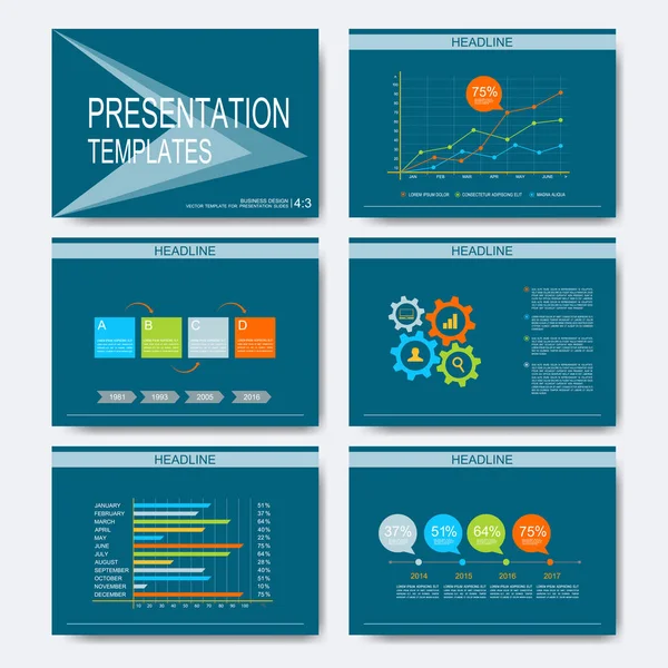 Set di modelli vettoriali per diapositive di presentazione multiuso. Business design moderno con grafici e grafici — Vettoriale Stock