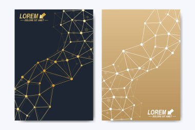 Vektör şablonu için broşür, broşür, el ilanı, ilan, kapak, katalog, afiş, dergi veya yıllık raporu. Geometrik arka plan molekül. Altın sibernetik noktalar iletişim. Satırları pleksus. Kart yüzeyi