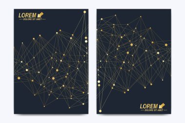 Vektör şablonu için broşür, broşür, el ilanı, ilan, kapak, katalog, afiş, dergi veya yıllık raporu. Altın sunum kitap düzeni. Bağlantılı çizgilerin ve noktaların geometrik desen. Satırları pleksus.