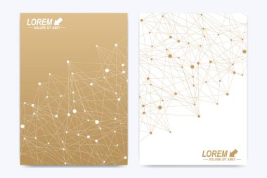 Vektör şablonu için broşür, broşür, el ilanı, ilan, kapak, katalog, afiş, dergi veya yıllık raporu. Altın sunum kitap düzeni. Bağlantılı çizgilerin ve noktaların geometrik desen. Satırları pleksus.