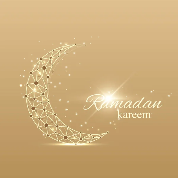 Ramadán Kareem texto saludos fondo. Luna dorada hecha de línea conectada y puntos.Fondo dorado con decoración de mandala. Celebración de Eid Mubarak. Ilustración vectorial . — Vector de stock